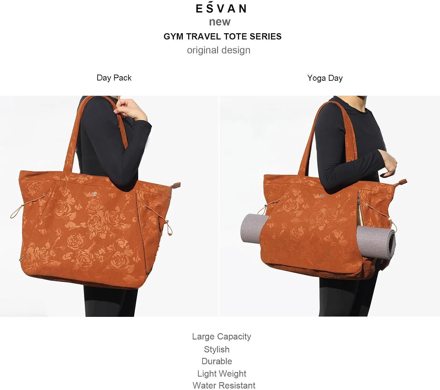 ESVAN Corduroy Yoga Tote Bag Gifts for Women Drawstring Yoga Mat Bag for Office Workout Travel Carryall Pilates Gym