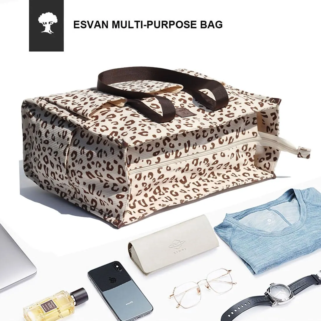ESVAN Utility Tote Bag with Zip Top Corduroy Shoulder Bag Teacher Bag for Teacher Work Women Travel Beach