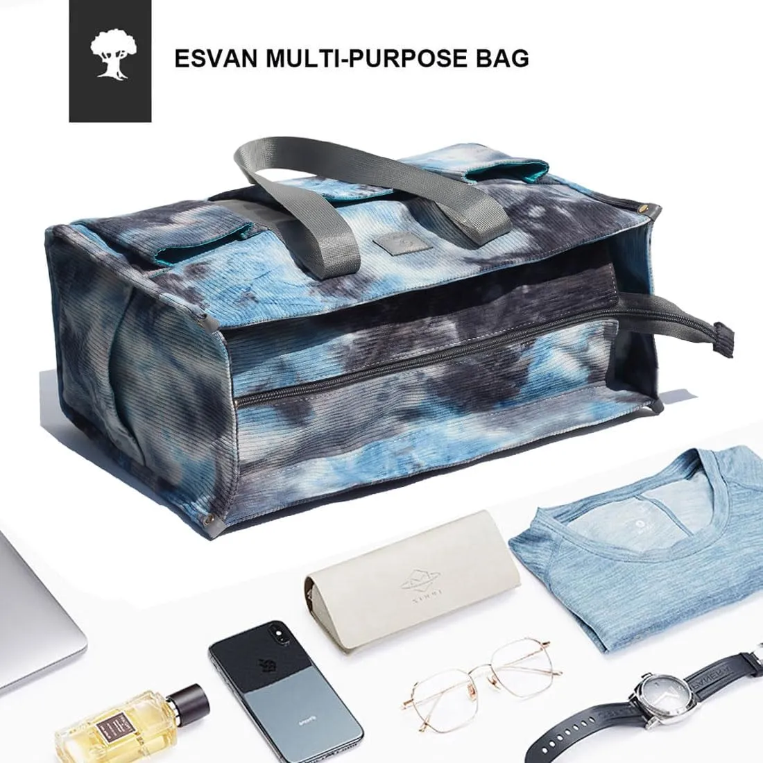 ESVAN Utility Tote Bag with Zip Top Corduroy Shoulder Bag Teacher Bag for Teacher Work Women Travel Beach