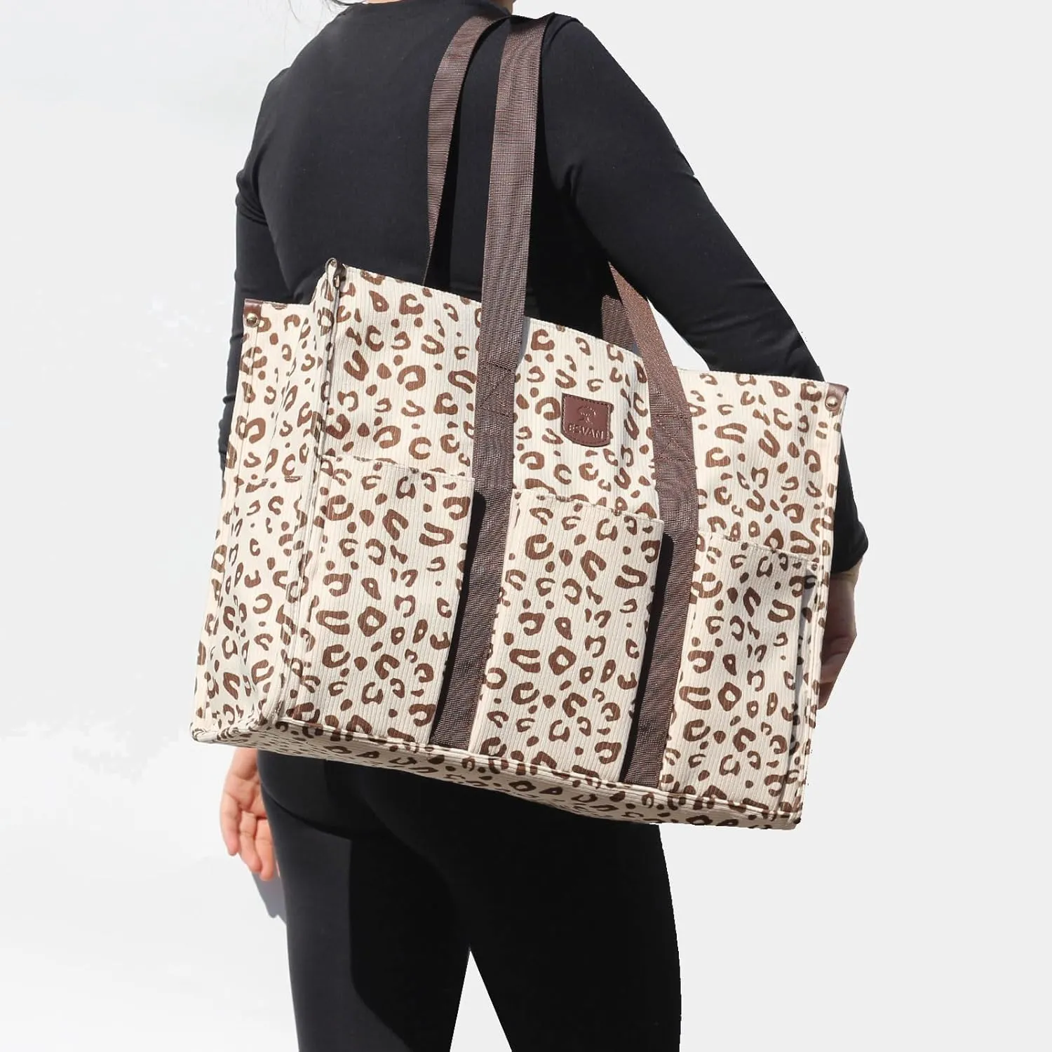 ESVAN Utility Tote Bag with Zip Top Corduroy Shoulder Bag Teacher Bag for Teacher Work Women Travel Beach