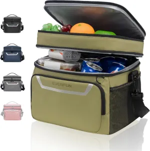 EVERFUN Small Lunch Box Insulated Cooler Bag Mini Cooler 24 Can Soft Sided Lunch Bag for Men Women Ice Chest Double Deck Portable Personal Collapsible Waterproof Leak-Proof for Travel Car, Green Moss