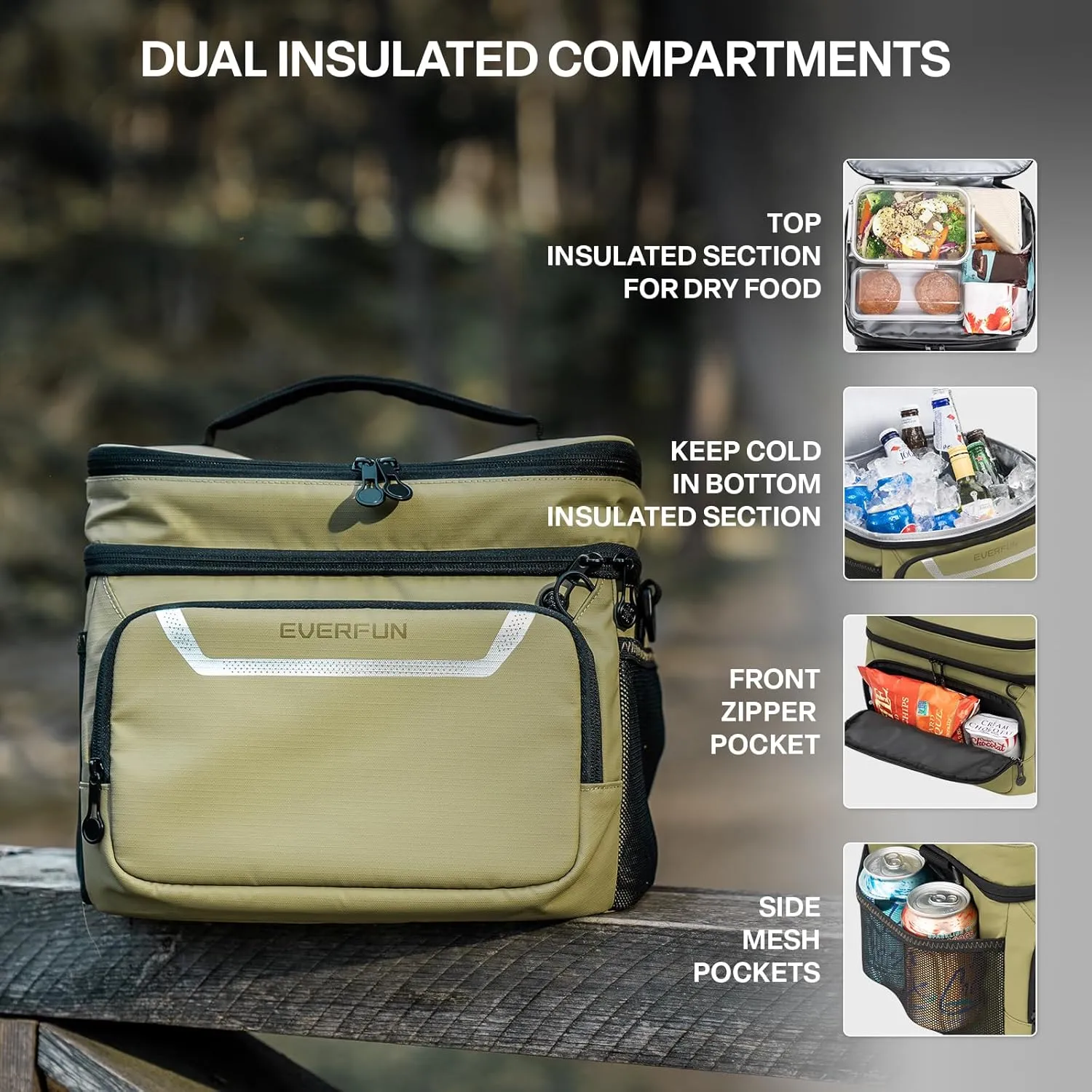EVERFUN Small Lunch Box Insulated Cooler Bag Mini Cooler 24 Can Soft Sided Lunch Bag for Men Women Ice Chest Double Deck Portable Personal Collapsible Waterproof Leak-Proof for Travel Car, Green Moss