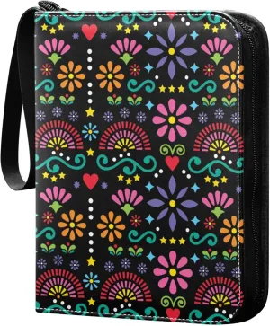 Exnundod 4 Pocket Trading Card Binder Abstract Colorful Flowers PU Leather Card Collection Binder Mexican Folk Art 400 Cards Organizer Binder Collectible Trading Card Albums for Sports Game Card