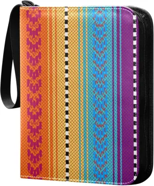 Exnundod 4 Pocket Trading Card Binder Colorful Mexican Stripes PU Leather Card Collection Binder Ethnic Ornament Indian 400 Cards Organizer Binder Collectible Trading Card Albums for Sports Game Card