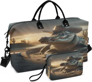 Exnundod Alligator Cowboy Hat Texas Travel Duffel Bags for Women Desert Western Sports Gym Bag Weekender Carry On Tote Overnight Luggage Duffle Bags