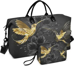 Exnundod Black Gold Hummingbirds Travel Duffel Bags for Women Spring Luxurious Sports Gym Bag Weekender Carry On Tote Overnight Luggage Duffle Bags