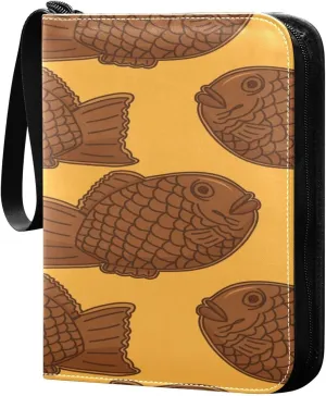 Exnundod Brown Fish on Orange Trading Card Binder for Cards, Card Album 4-Pockets for 400 Cards with Removable Sleeves PU Baseball Card Holder Football Sports Card Collection