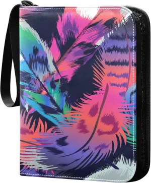 Exnundod Colorful Bird Feathers Trading Card Binder for Cards, Card Album 4-Pockets for 400 Cards with Removable Sleeves PU Baseball Card Holder Football Sports Card Collection