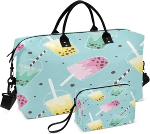 Exnundod Colorful Bubble Tea Pattern Travel Duffel Bags for Women Sports Gym Bag Weekender Carry On Tote Overnight Luggage Duffle Bags