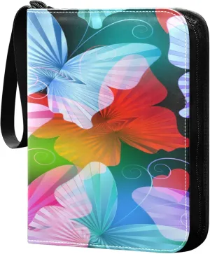 Exnundod Colorful Glowing Butterflies Trading Card Binder for Cards, Card Album 4-Pockets for 400 Cards with Removable Sleeves PU Baseball Card Holder Football Sports Card Collection