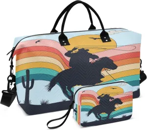 Exnundod Cowboy Wild Horse Sunset Travel Duffel Bags for Women Retro Wave Sports Gym Bag Weekender Carry On Tote Overnight Luggage Duffle Bags