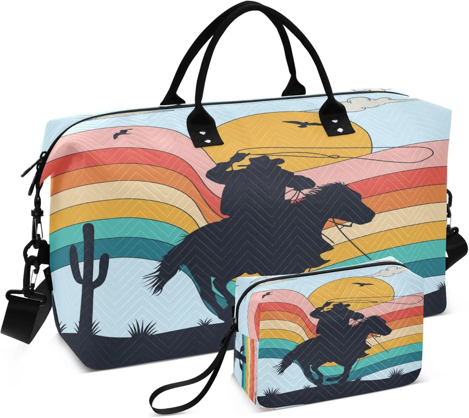 Exnundod Cowboy Wild Horse Sunset Travel Duffel Bags for Women Retro Wave Sports Gym Bag Weekender Carry On Tote Overnight Luggage Duffle Bags