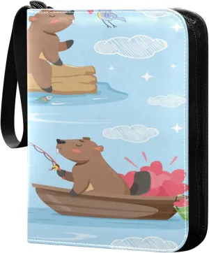 Exnundod Cute Beaver Fishing Scene Trading Card Binder for Cards, Card Album 4-Pockets for 400 Cards with Removable Sleeves PU Baseball Card Holder Football Sports Card Collection