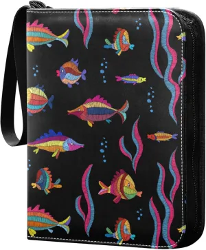 Exnundod Embroidered Cartoon Fish Trading Card Binder for Cards, Colorful Vintage Animal Card Album 4-Pockets for 400 Cards with Removable Sleeves PU Baseball Card Holder Football Sports Card Collect