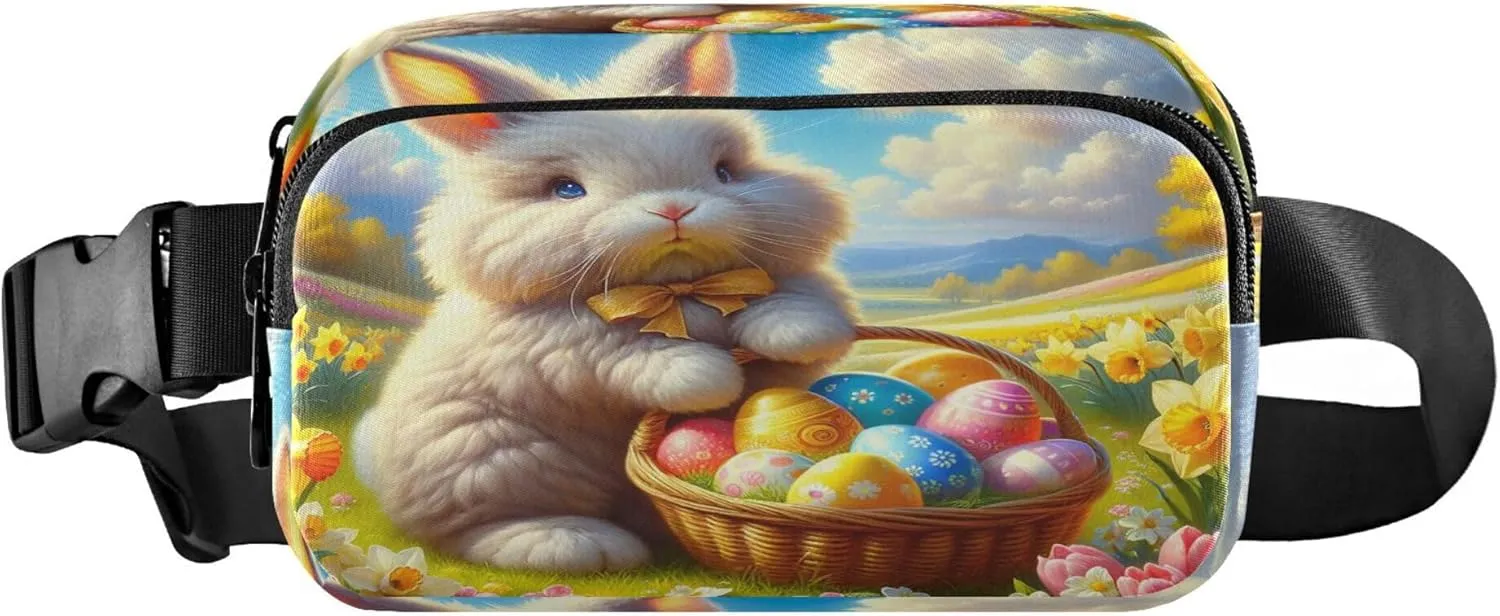 Exnundod Fanny Packs for Women & Men Cute Easter Bunny Eggs, Waist Pack Yellow Tulip Flower Crossbody Bags Belt Adjustable Strap for Running Hiking Workout