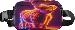 Exnundod Fanny Packs for Women & Men Neon Highland Cattle, Waist Pack 3d Cow Crossbody Bags Belt Adjustable Strap for Running Hiking Workout