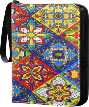 Exnundod Mexican Talavera Colorful Trading Card Binder for Cards, Ethnic Ethnic Art Theme Card Album 4-Pockets for 400 Cards with Removable Sleeves PU Baseball Card Holder Football Spo