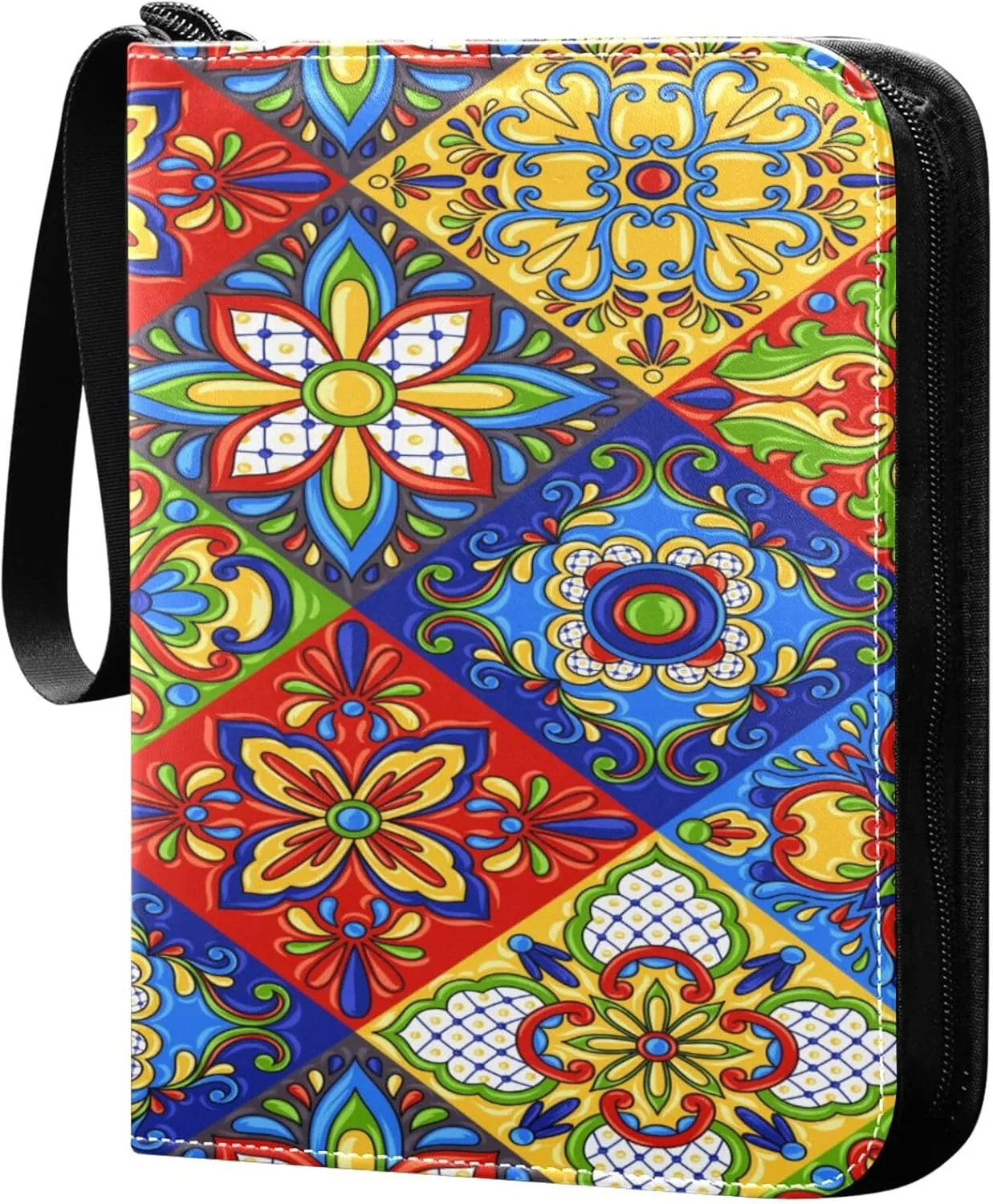 Exnundod Mexican Talavera Colorful Trading Card Binder for Cards, Ethnic Ethnic Art Theme Card Album 4-Pockets for 400 Cards with Removable Sleeves PU Baseball Card Holder Football Spo