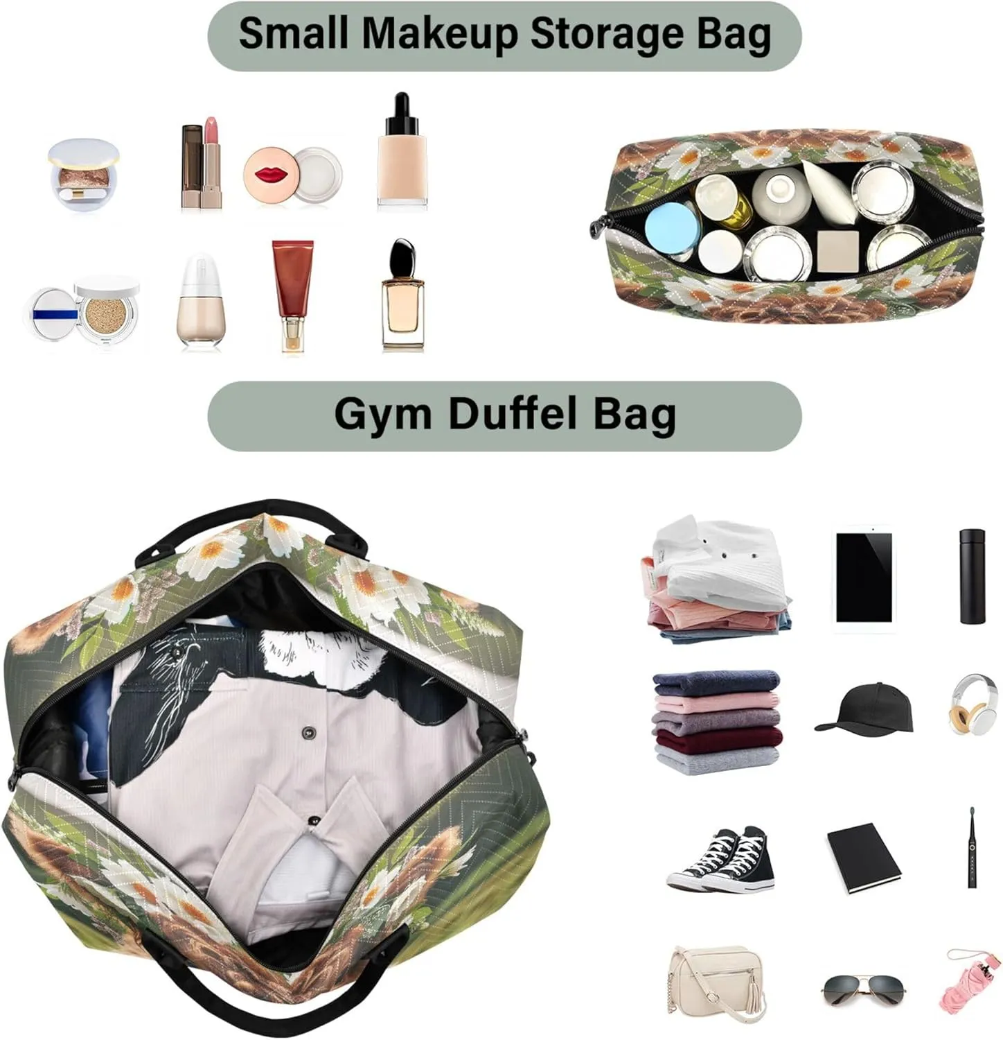 Exnundod Scotland Highland Cow Flowers Travel Duffel Bags for Women Grassland Sports Gym Bag Weekender Carry On Tote Overnight Luggage Duffle Bags