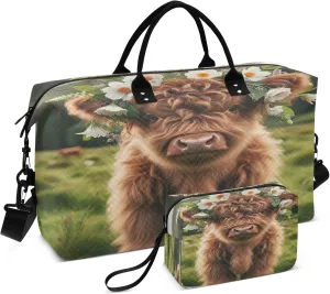 Exnundod Scotland Highland Cow Flowers Travel Duffel Bags for Women Grassland Sports Gym Bag Weekender Carry On Tote Overnight Luggage Duffle Bags