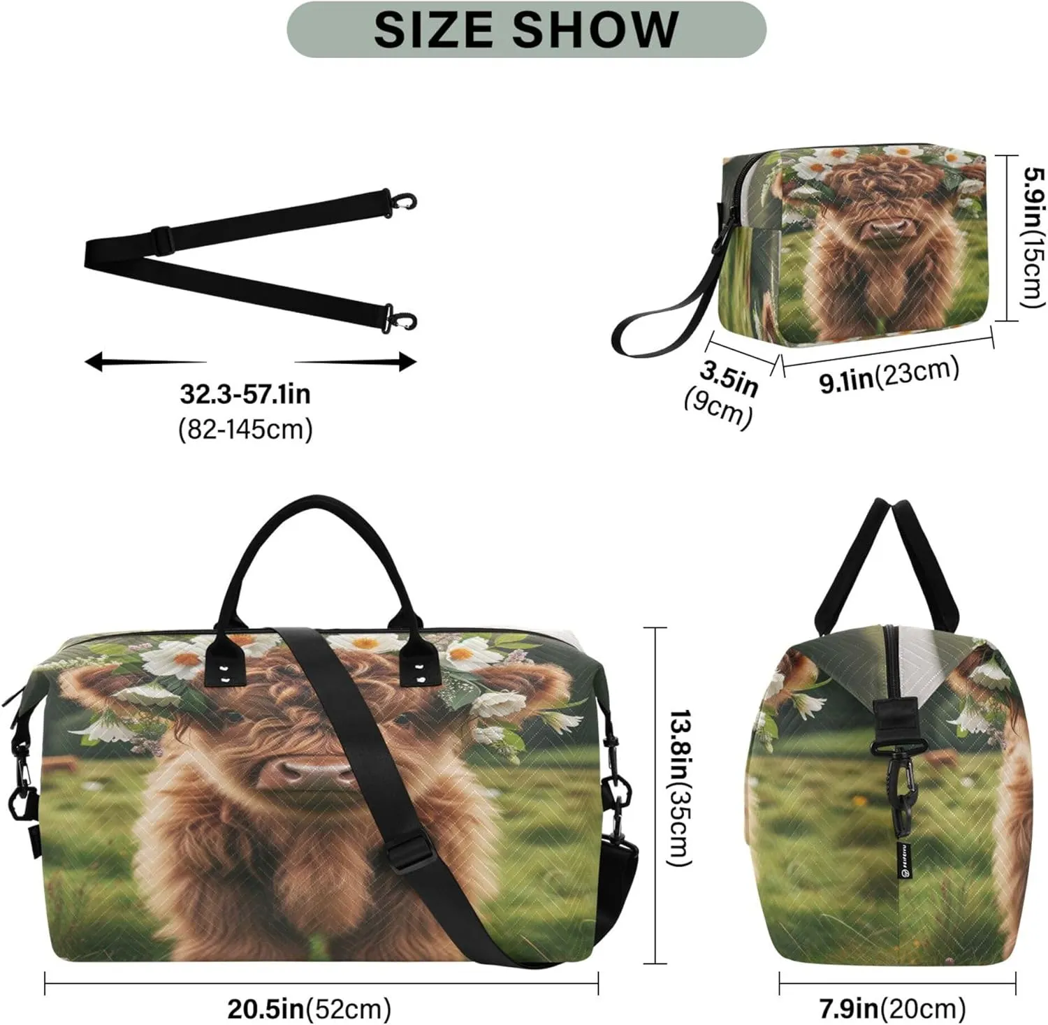 Exnundod Scotland Highland Cow Flowers Travel Duffel Bags for Women Grassland Sports Gym Bag Weekender Carry On Tote Overnight Luggage Duffle Bags