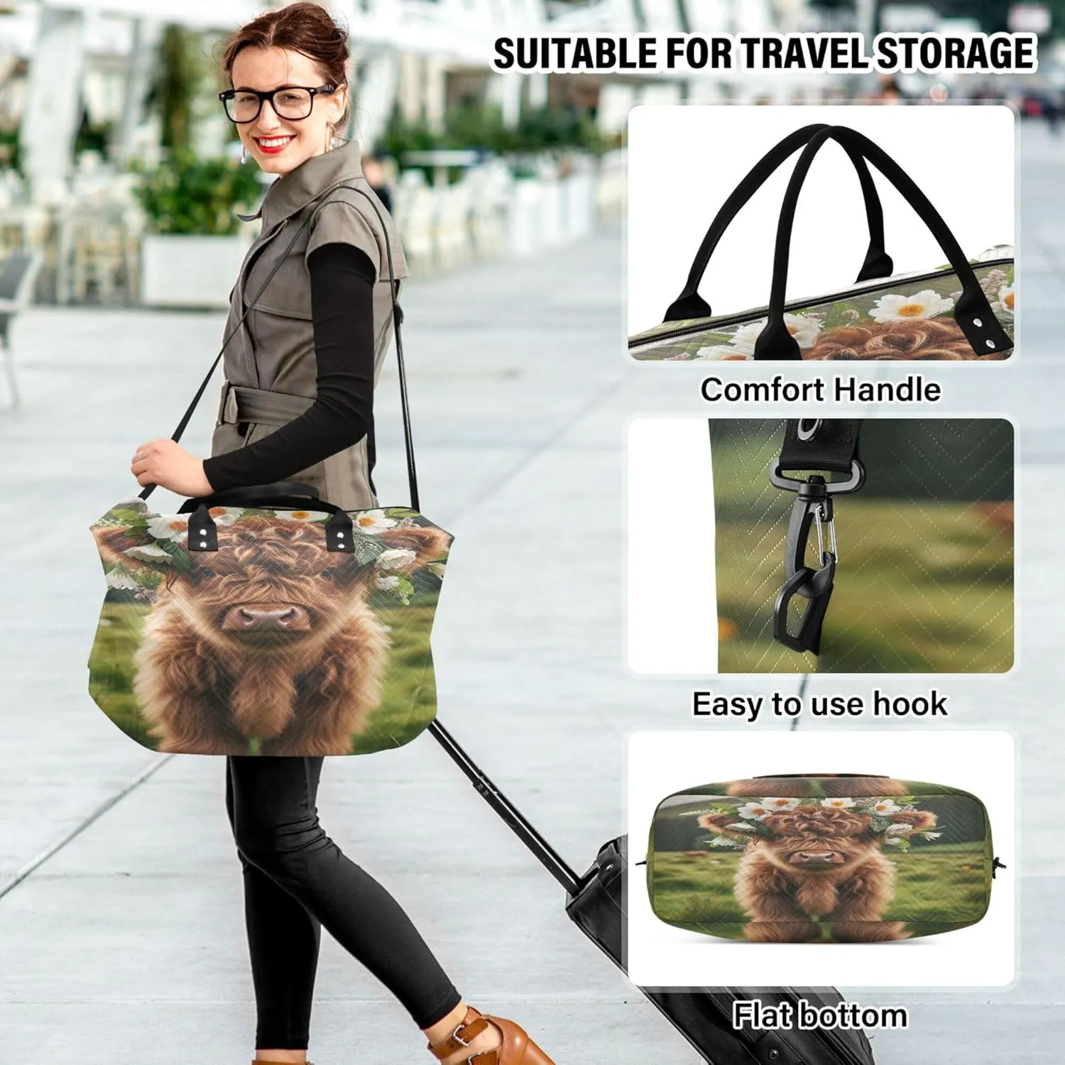 Exnundod Scotland Highland Cow Flowers Travel Duffel Bags for Women Grassland Sports Gym Bag Weekender Carry On Tote Overnight Luggage Duffle Bags