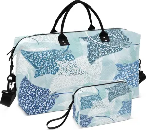 Exnundod Stingrays on Blue Watercolor Travel Duffel Bags for Women Sports Gym Bag Weekender Carry On Tote Overnight Luggage Duffle Bags