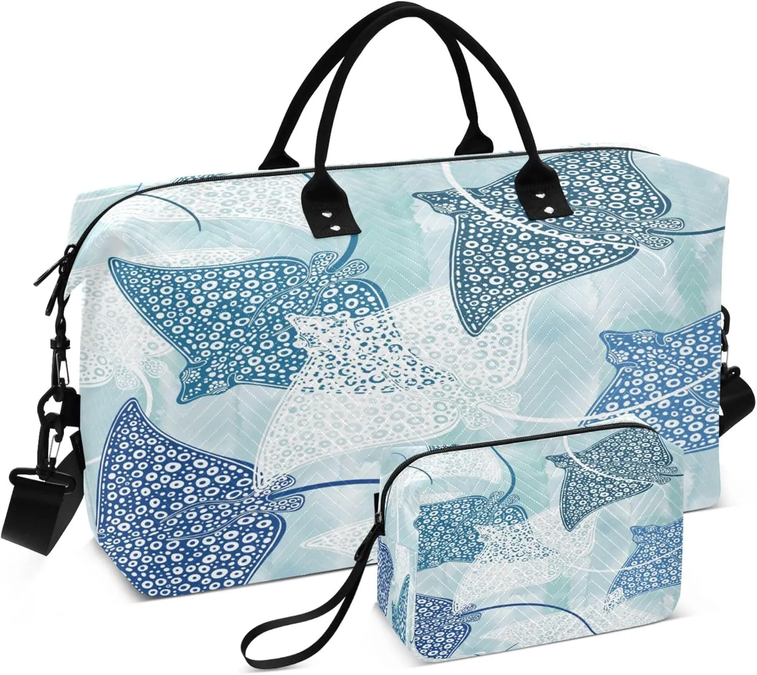 Exnundod Stingrays on Blue Watercolor Travel Duffel Bags for Women Sports Gym Bag Weekender Carry On Tote Overnight Luggage Duffle Bags
