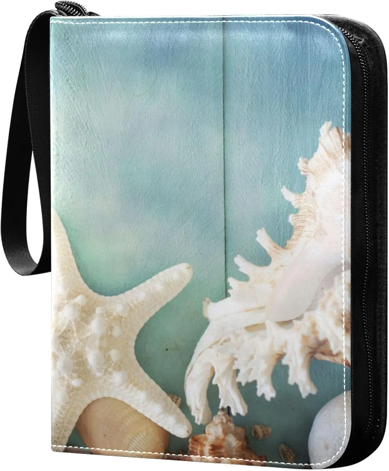 Exnundod Summer Time Fish Star Trading Card Binder for Cards, Shells Wooden Sports Card Binder Card Album 4-Pockets for 400 Cards PU Baseball Football Game Cards Collection