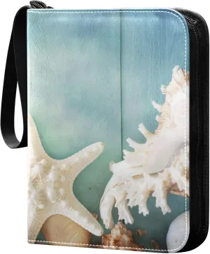 Exnundod Summer Time Fish Star Trading Card Binder for Cards, Shells Wooden Sports Card Binder Card Album 4-Pockets for 400 Cards PU Baseball Football Game Cards Collection