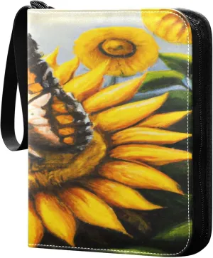Exnundod Sunflower Field Butterfly Trading Card Binder for Cards, Oil Painting Artistic Card Album 4-Pockets for 400 Cards with Removable Sleeves PU Baseball Card Holder Football Sports Card Collecti