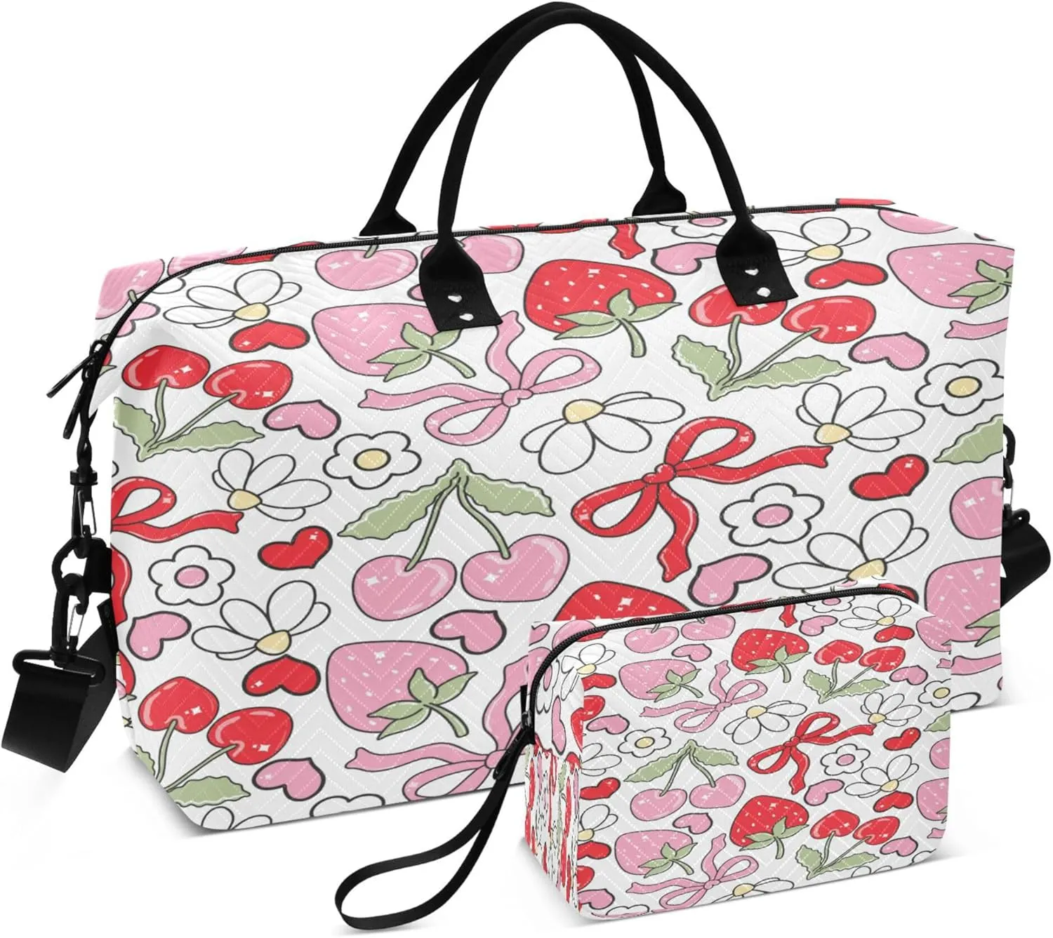 Exnundod Sweet Cherry Romantic Strawberries Travel Duffel Bags for Women Bows Sports Gym Bag Weekender Carry On Tote Overnight Luggage Duffle Bags