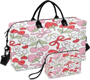 Exnundod Sweet Cherry Romantic Strawberries Travel Duffel Bags for Women Bows Sports Gym Bag Weekender Carry On Tote Overnight Luggage Duffle Bags