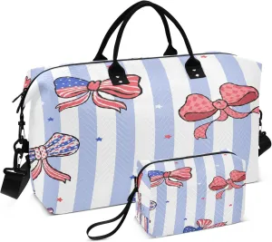 Exnundod Travel Duffel Bags 4th Of July Bow and Stripes Sports Gym Bag Usa Independence Day Weekender Carry On Tote Overnight Luggage Bags for Women and Men