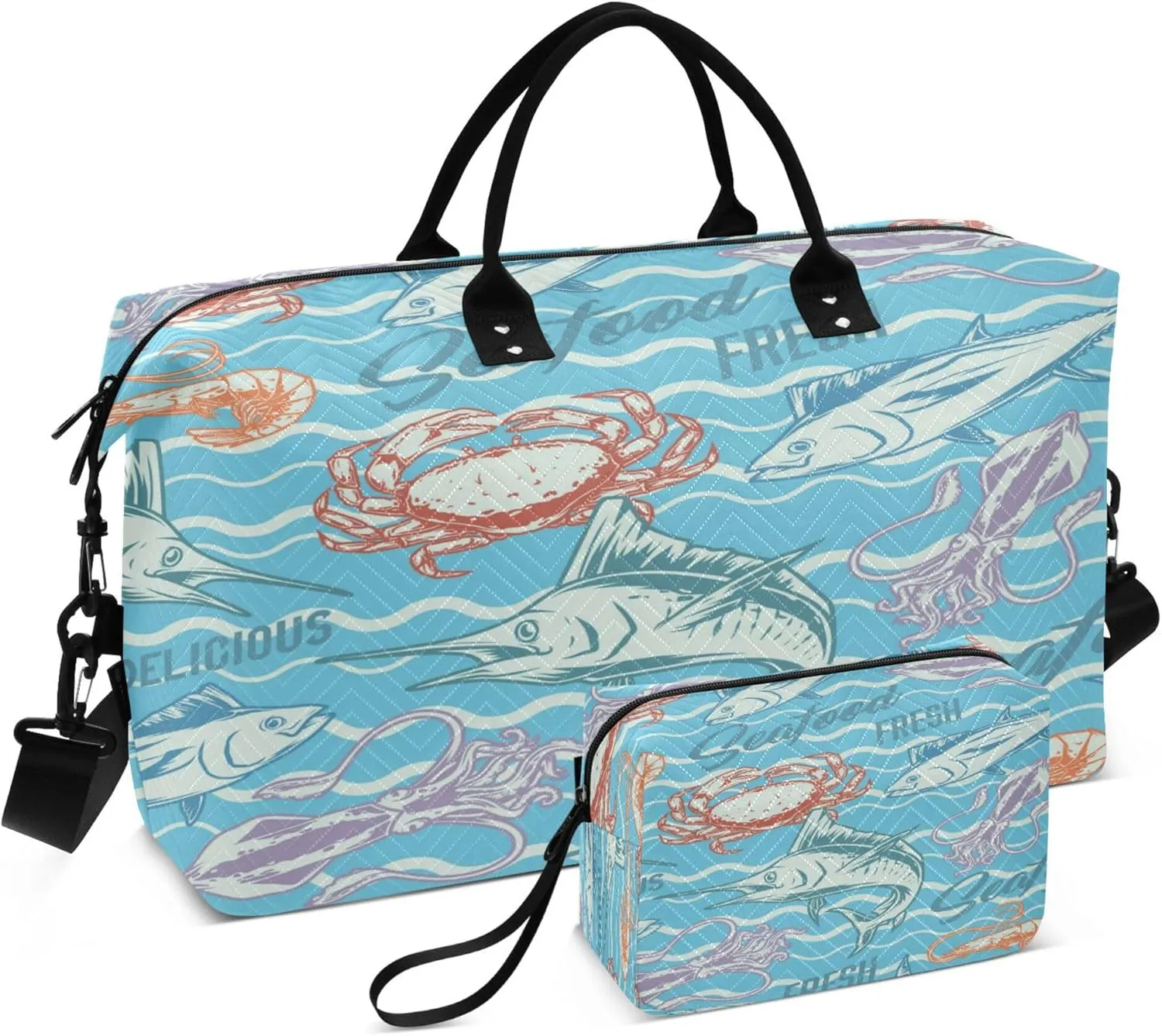 Exnundod Travel Duffel Bags Colorful Tuna Fish Shrimp Sports Gym Bag Fresh Seafood Pattern Weekender Carry On Tote Overnight Luggage Bags for Women and Men