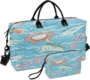 Exnundod Travel Duffel Bags Colorful Tuna Fish Shrimp Sports Gym Bag Fresh Seafood Pattern Weekender Carry On Tote Overnight Luggage Bags for Women and Men
