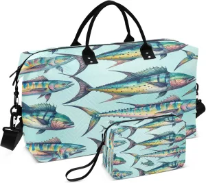 Exnundod Travel Duffel Bags Turquoise Watercolor Mahi Fish Sports Gym Bag Weekender Carry On Tote Overnight Luggage Bags for Women and Men
