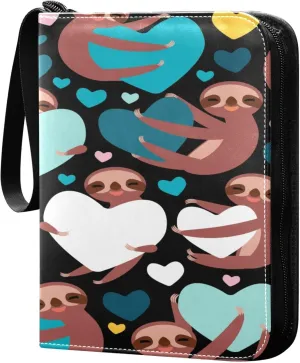 Exnundod Valentine's Day Sloth Trading Card Binder for Cards, Colorful Hearts Card Album 4-Pockets for 400 Cards with Removable Sleeves PU Baseball Card Holder Football Sports Card Collection