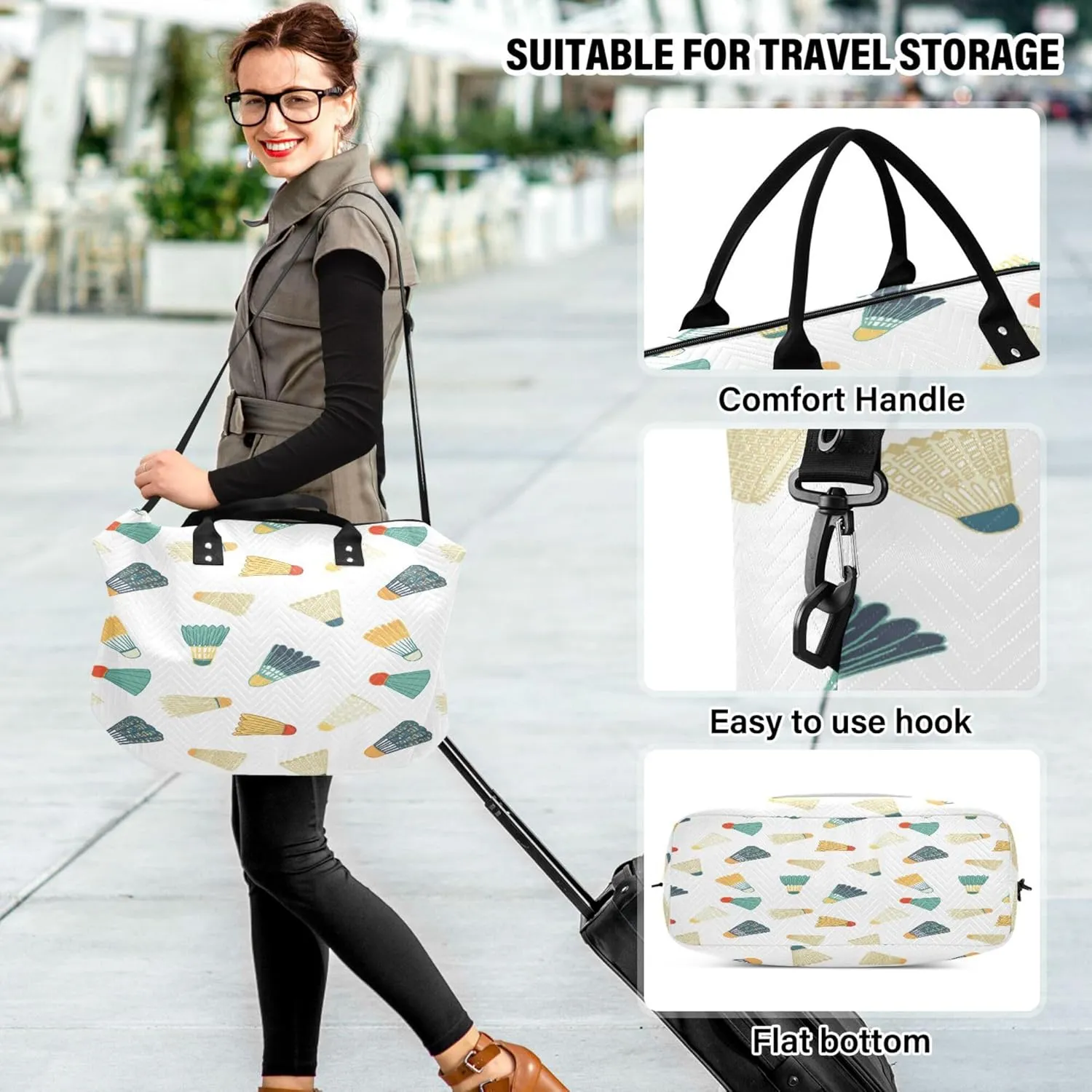 Exnundod Women Weekender Bags Badminton Ball Retro Travel Duffel Bags Carry On Overnight Bag Cartoon Large Hospital Tote Luggage