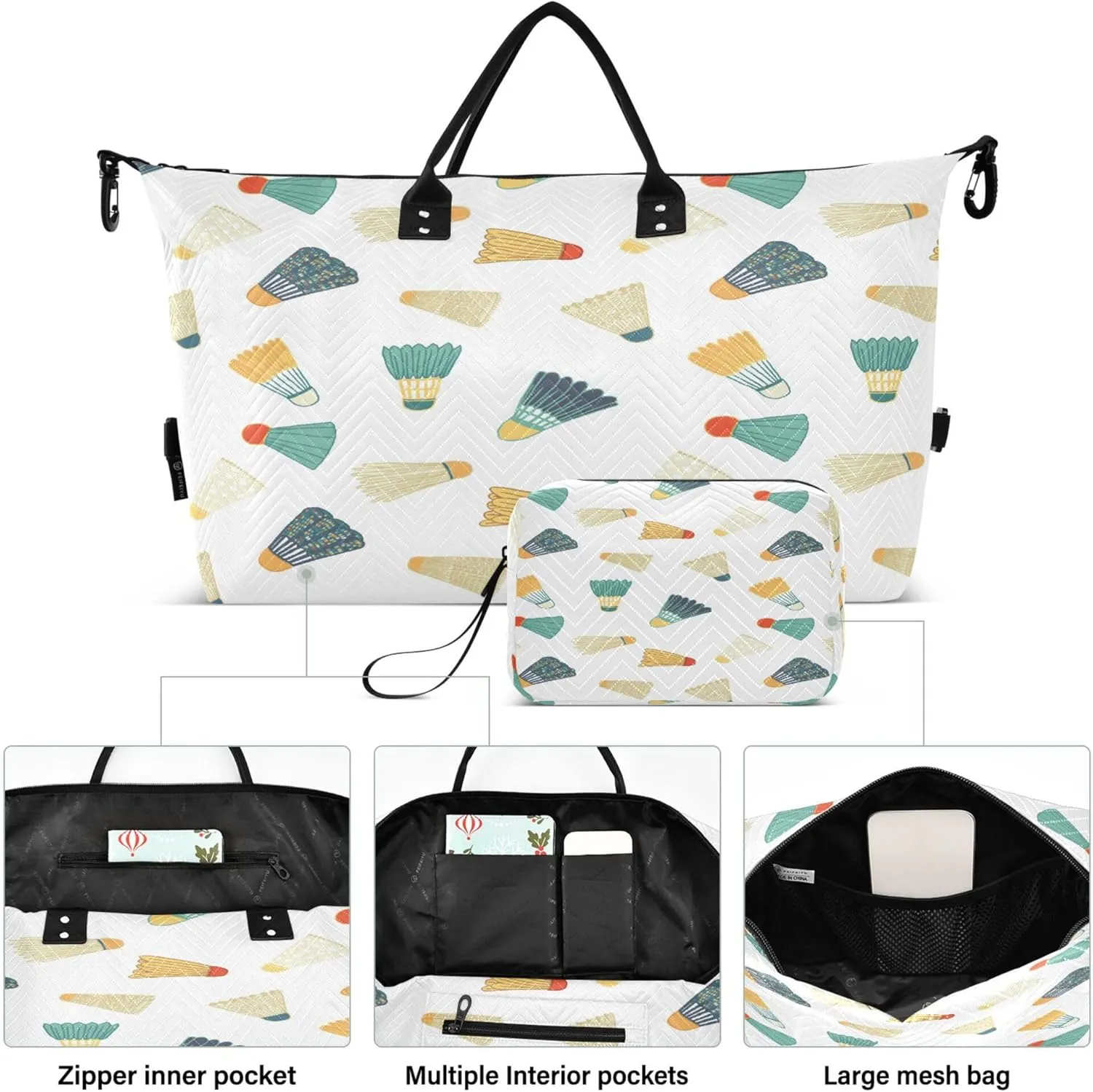 Exnundod Women Weekender Bags Badminton Ball Retro Travel Duffel Bags Carry On Overnight Bag Cartoon Large Hospital Tote Luggage