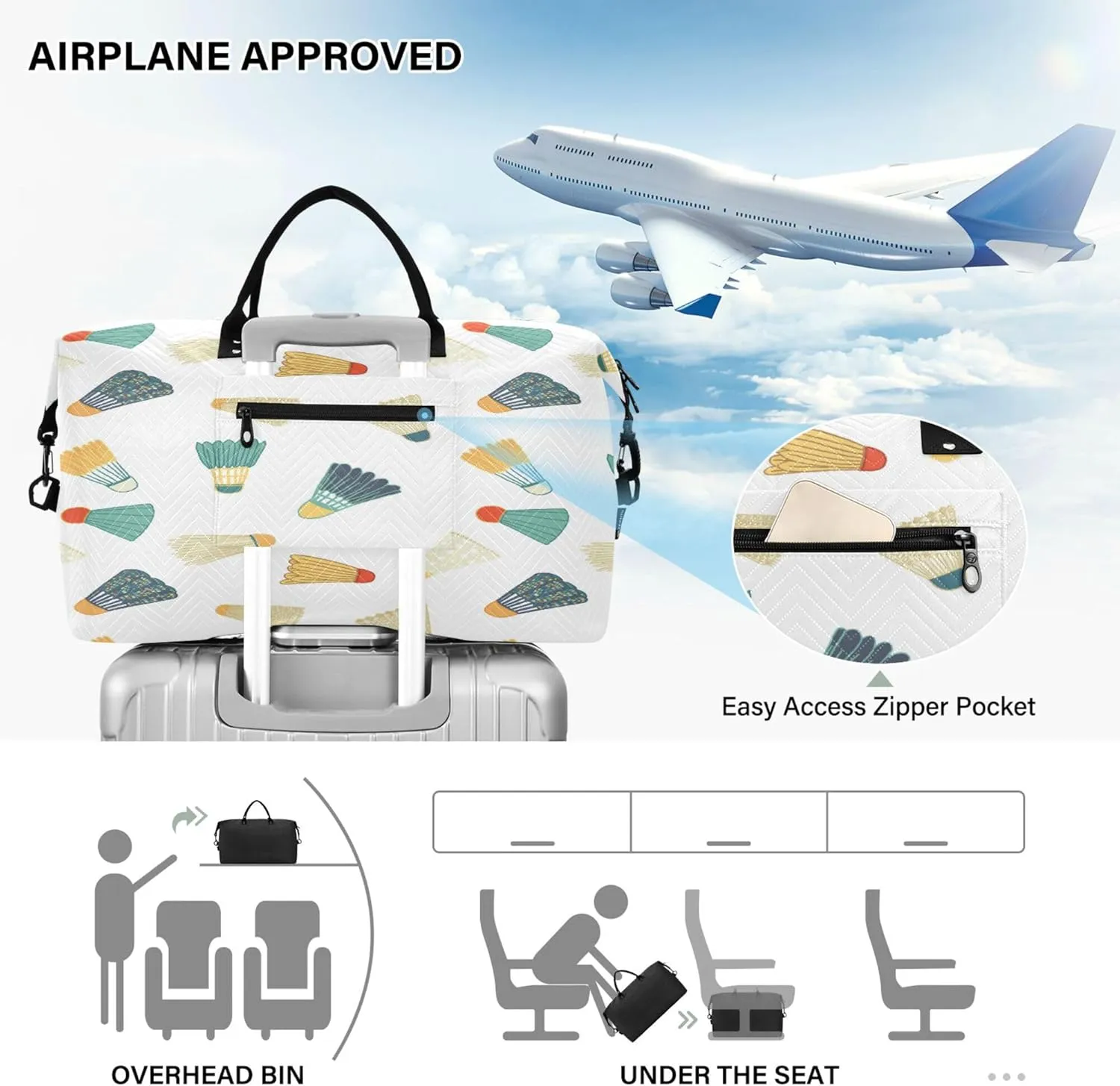 Exnundod Women Weekender Bags Badminton Ball Retro Travel Duffel Bags Carry On Overnight Bag Cartoon Large Hospital Tote Luggage