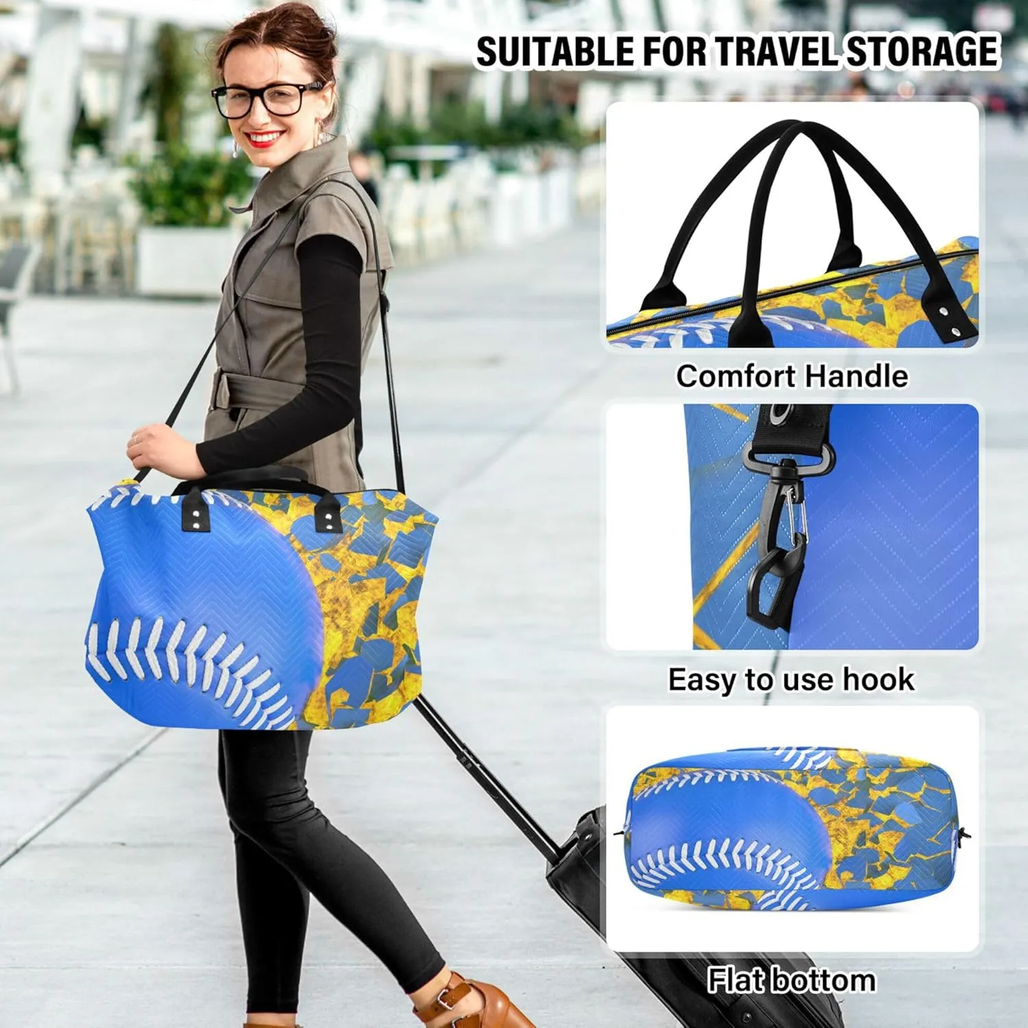 Exnundod Women Weekender Bags Blue Baseball Breaking Travel Duffel Bags Carry On Overnight Bag Large Hospital Tote Luggage