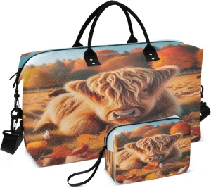 Exnundod Women Weekender Bags Cartoon Highland Cow Travel Duffel Bags Carry On Overnight Bag Autumn Views Large Hospital Tote Luggage