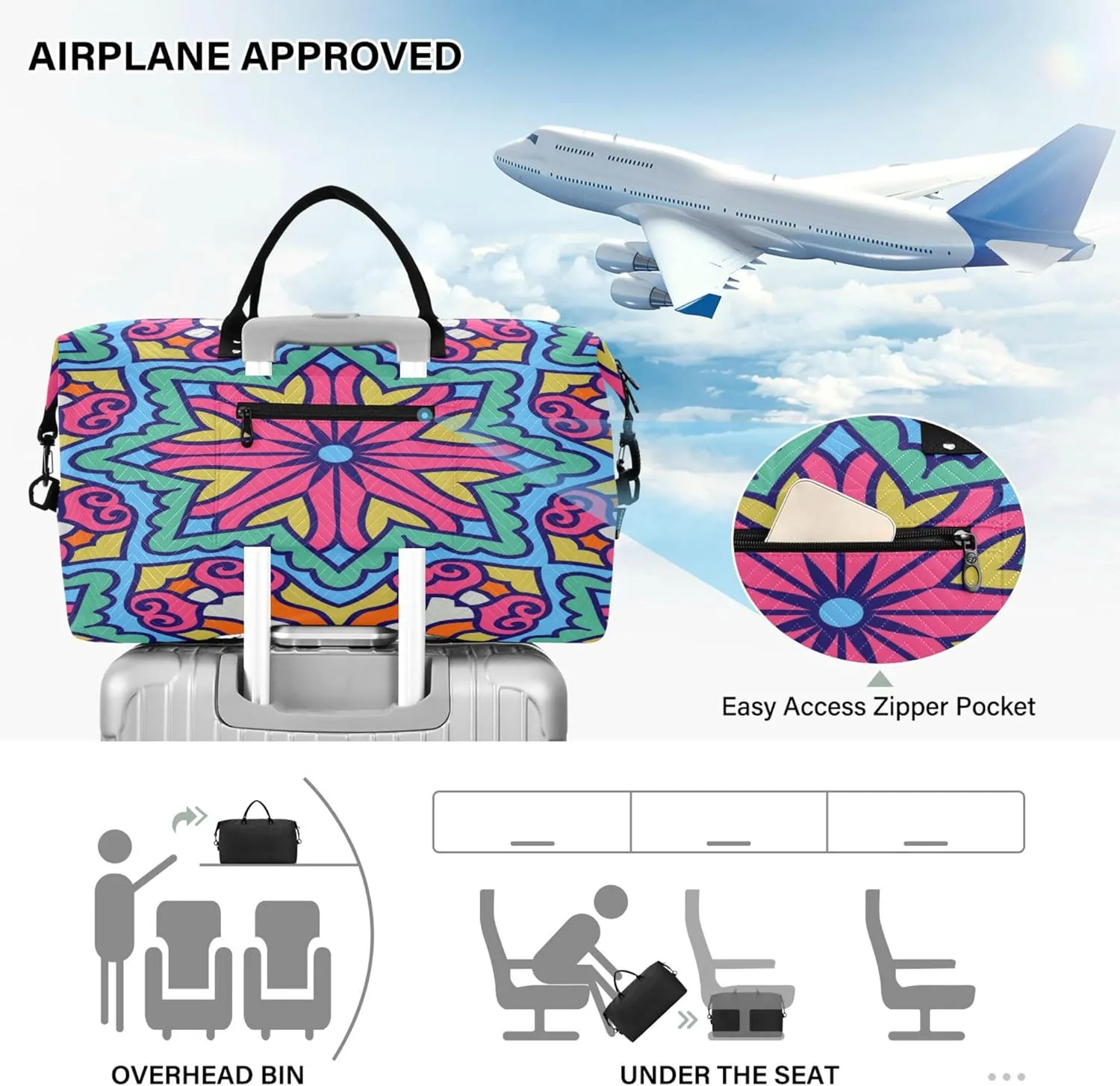 Exnundod Women Weekender Bags Circle Ethnic Ornament Travel Duffel Bags Carry On Overnight Bag Large Hospital Tote Luggage