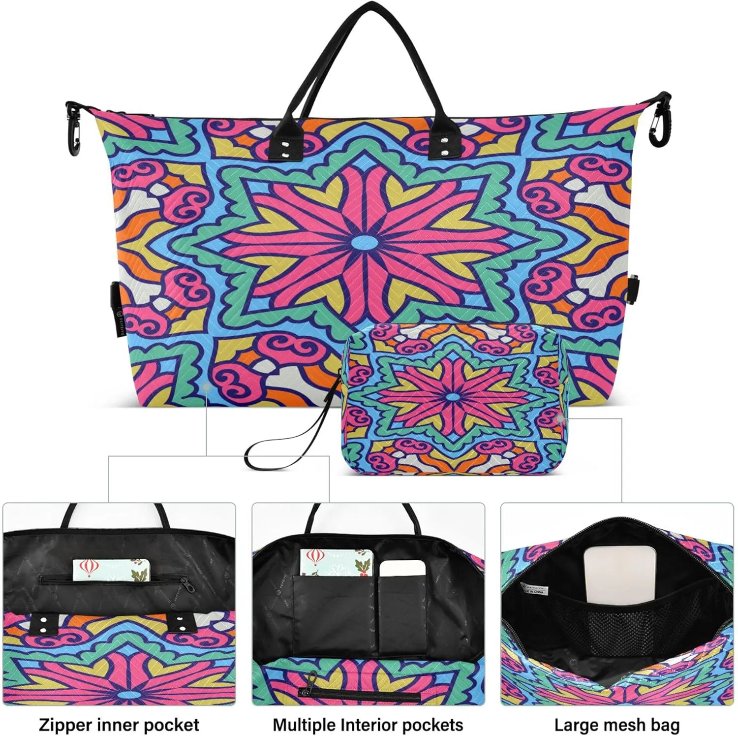 Exnundod Women Weekender Bags Circle Ethnic Ornament Travel Duffel Bags Carry On Overnight Bag Large Hospital Tote Luggage