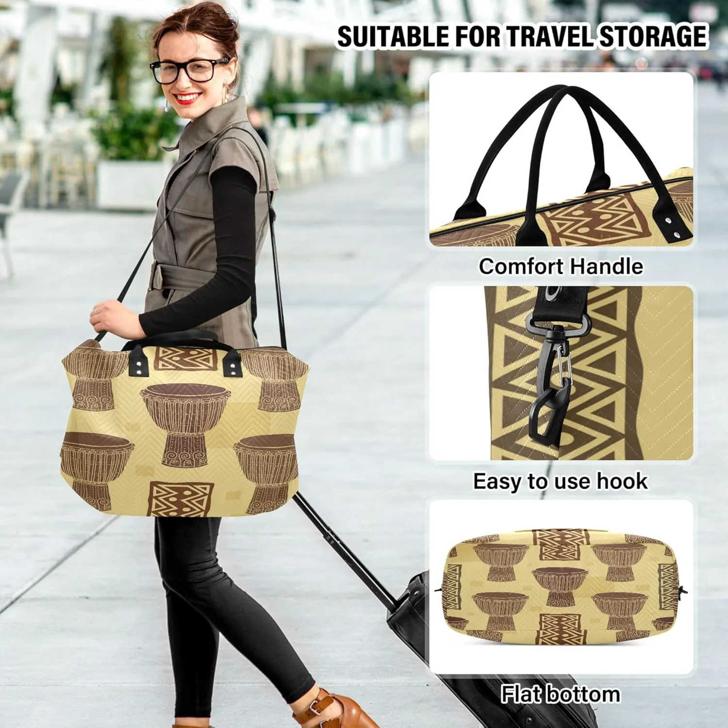 Exnundod Women Weekender Bags Ethnic Africa Drums Travel Duffel Bags Carry On Overnight Bag Large Hospital Tote Luggage