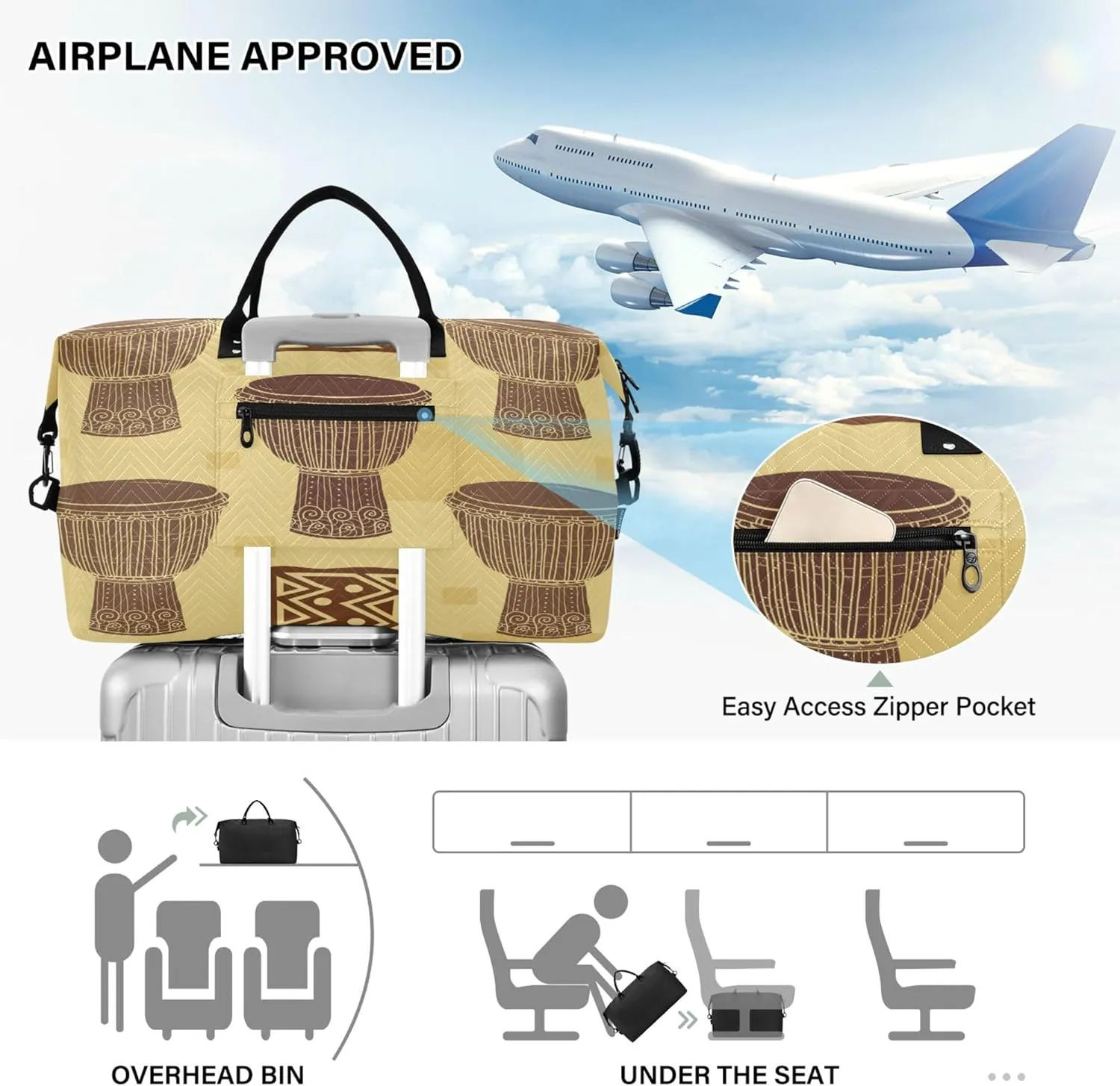 Exnundod Women Weekender Bags Ethnic Africa Drums Travel Duffel Bags Carry On Overnight Bag Large Hospital Tote Luggage
