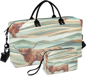 Exnundod Women Weekender Bags Highland Cow Mountain Gym Bags Carry On Overnight Duffle Watercolor Large Duffle Tote Hospital Bag for Business Trip, Yoga