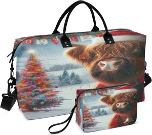Exnundod Women Weekender Bags Highland Cow Santa Hat Travel Duffel Bags Carry On Overnight Bag Christmas Tree Large Hospital Tote Luggage