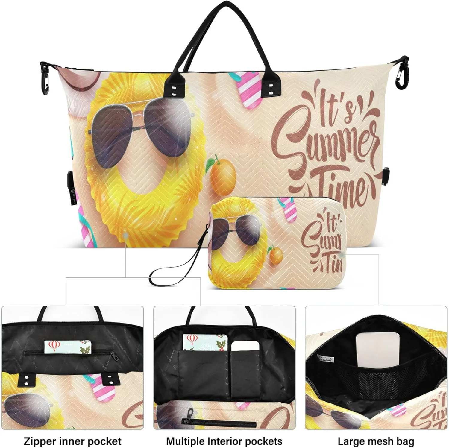 Exnundod Women Weekender Bags Sandy Swim Rings Sunglasse Travel Duffel Bags Carry On Overnight Bag It's Summer Time Large Hospital Tote Luggage